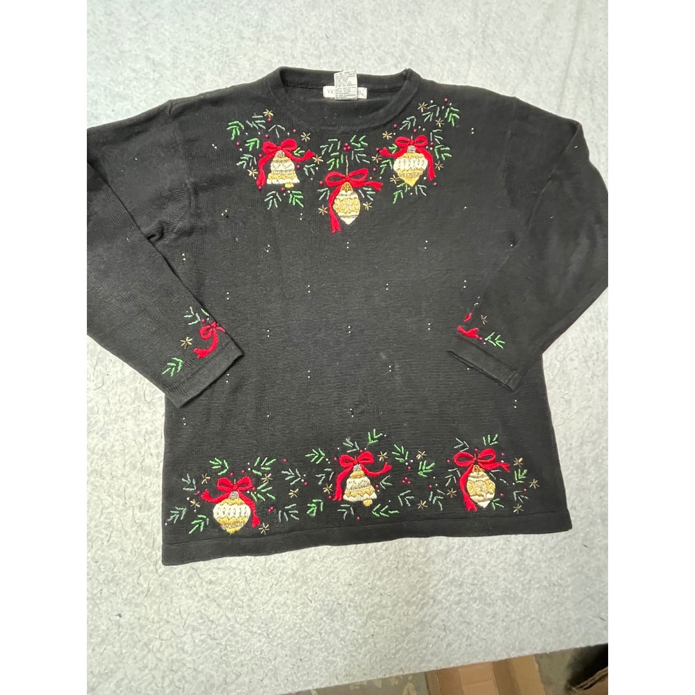 Victoria Jones Vintage Christmas Sweater Black Embroidered Ornaments Beaded LG
